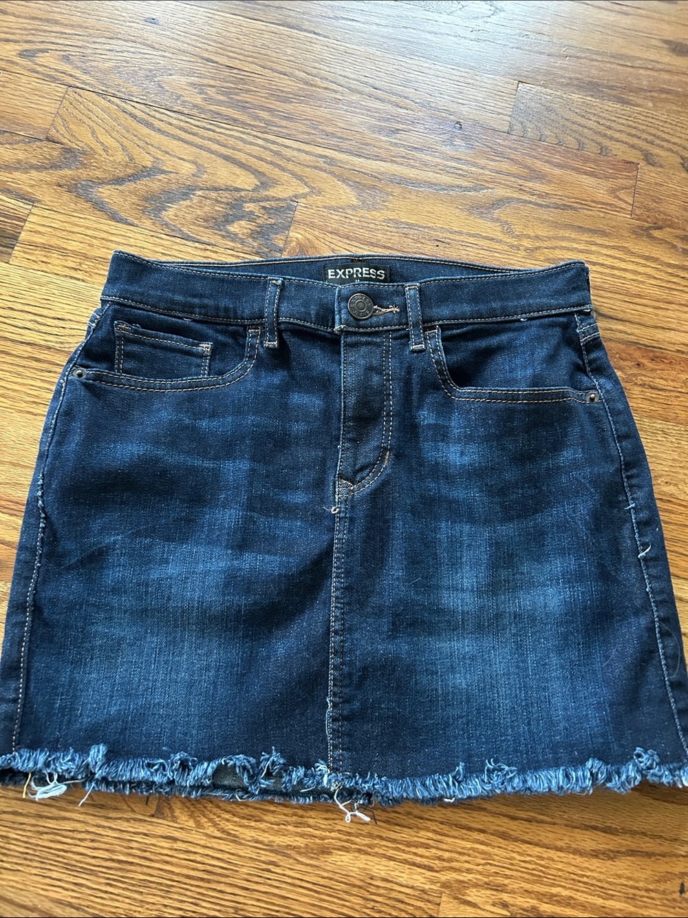 Express Indigo Denim Mini Skirt with Frayed Hem